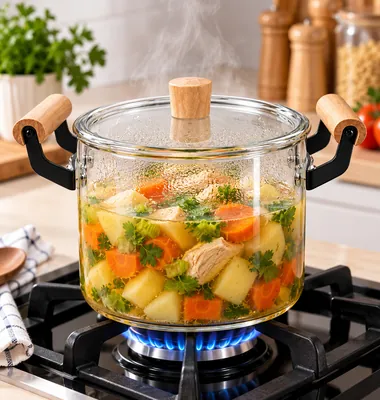 Clear glass pot with two wooden handles