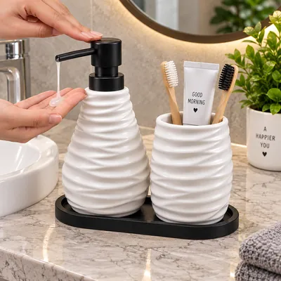 Bathroom accessories set with a wavy design