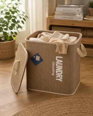 Square fabric storage basket with lid