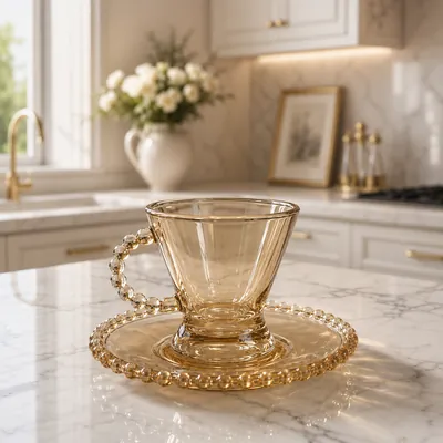 Amber Glass Cups and Saucers Set