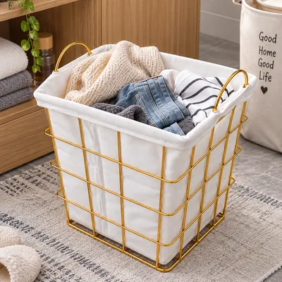 Metal laundry basket with white fabric