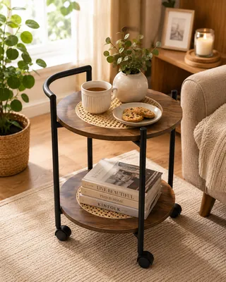 Wooden serving trolley with wheels
