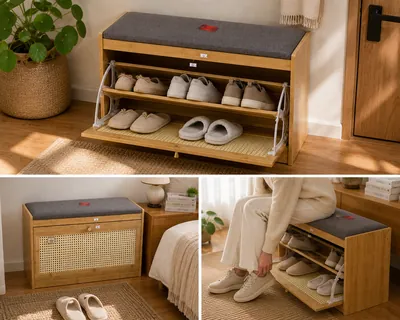 Wooden bench with cabinet