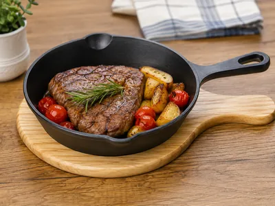 Cast Iron Skillet with Wooden Base