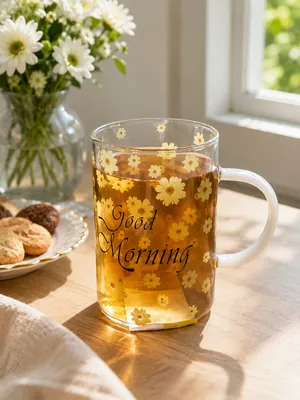 Clear glass cup with prints