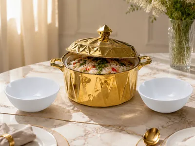 Gold-trimmed porcelain soup set