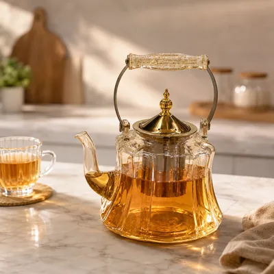 Amber glass teapot with gold lid