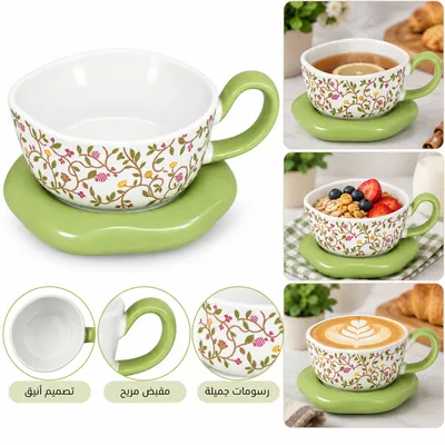 Decorated Ceramic Cup with Saucer
