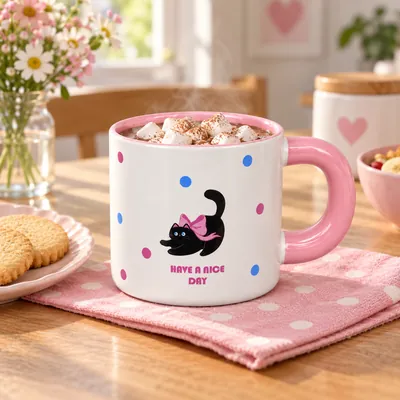 Polka-Dot Ceramic Mug with Cat Design