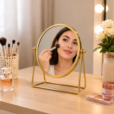 Gold round mirror with stand