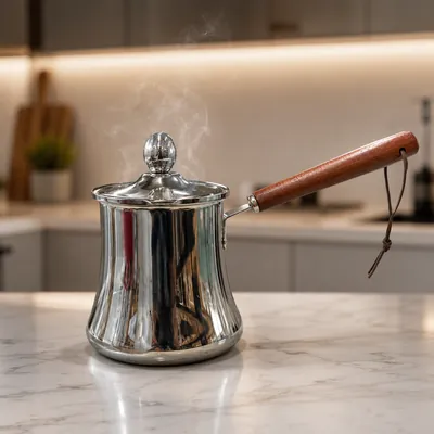Coffee kettle with wooden handle and lid