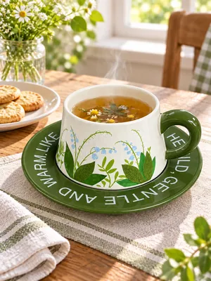 Decorated ceramic cup with saucer