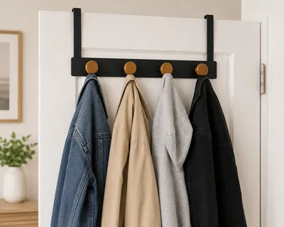 Iron over-the-door hanger with four wooden knobs
