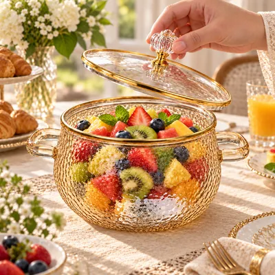 Decorated amber glass bowl/pot