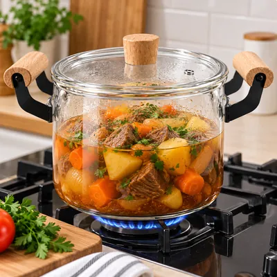 Clear glass pot with wooden handles