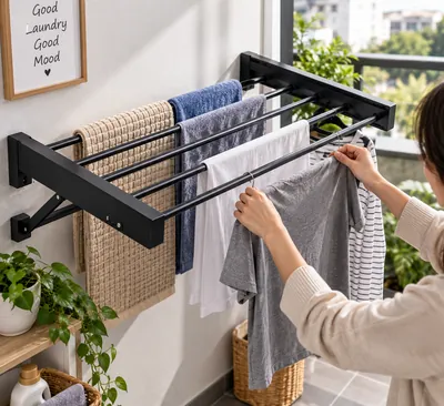Hanging clothes drying rack with black frame