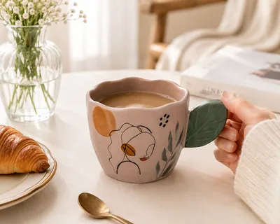Ceramic Mug with Leaf-Shaped Handle