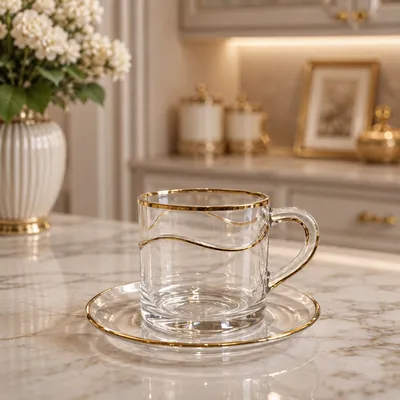 Glass cups and saucers set with gold accents