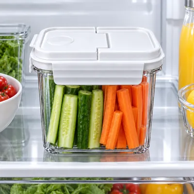 Food storage container with strainer and white lid