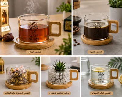 Glass cup with wooden handle and wooden saucer