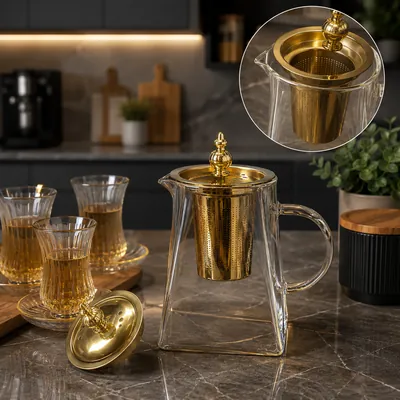 Glass pitcher with a gold lid