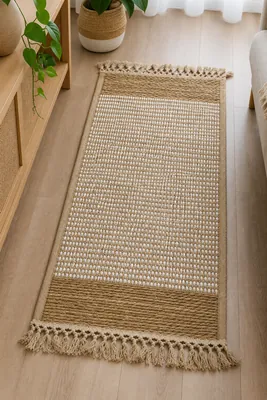 Gray rug with straw edging