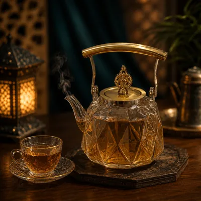 Glass teapot with gold handle and lid
