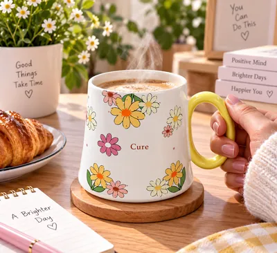 Floral ceramic mug with silicone lid