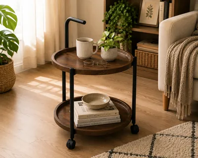 Round 2-tier serving trolley with wheels