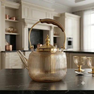 Glass tea pot with golden handle and lid
