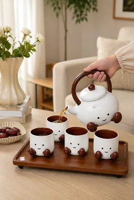 Teapot Set with Cups and Wooden Tray