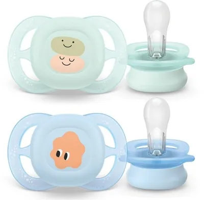 Pair of silicone pacifiers 0–2 months Avent Ultra Start - pastel green and light blue with smile illustrations