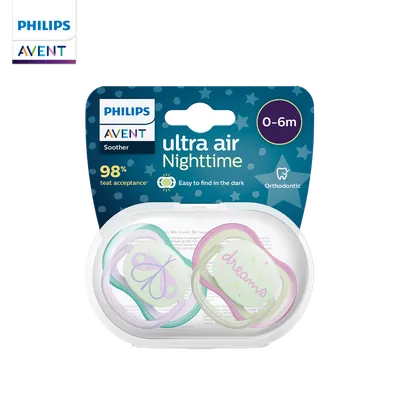 Avent, Ultra Air pacifiers duo 0-6 months glow in the dark dragonfly purple/green