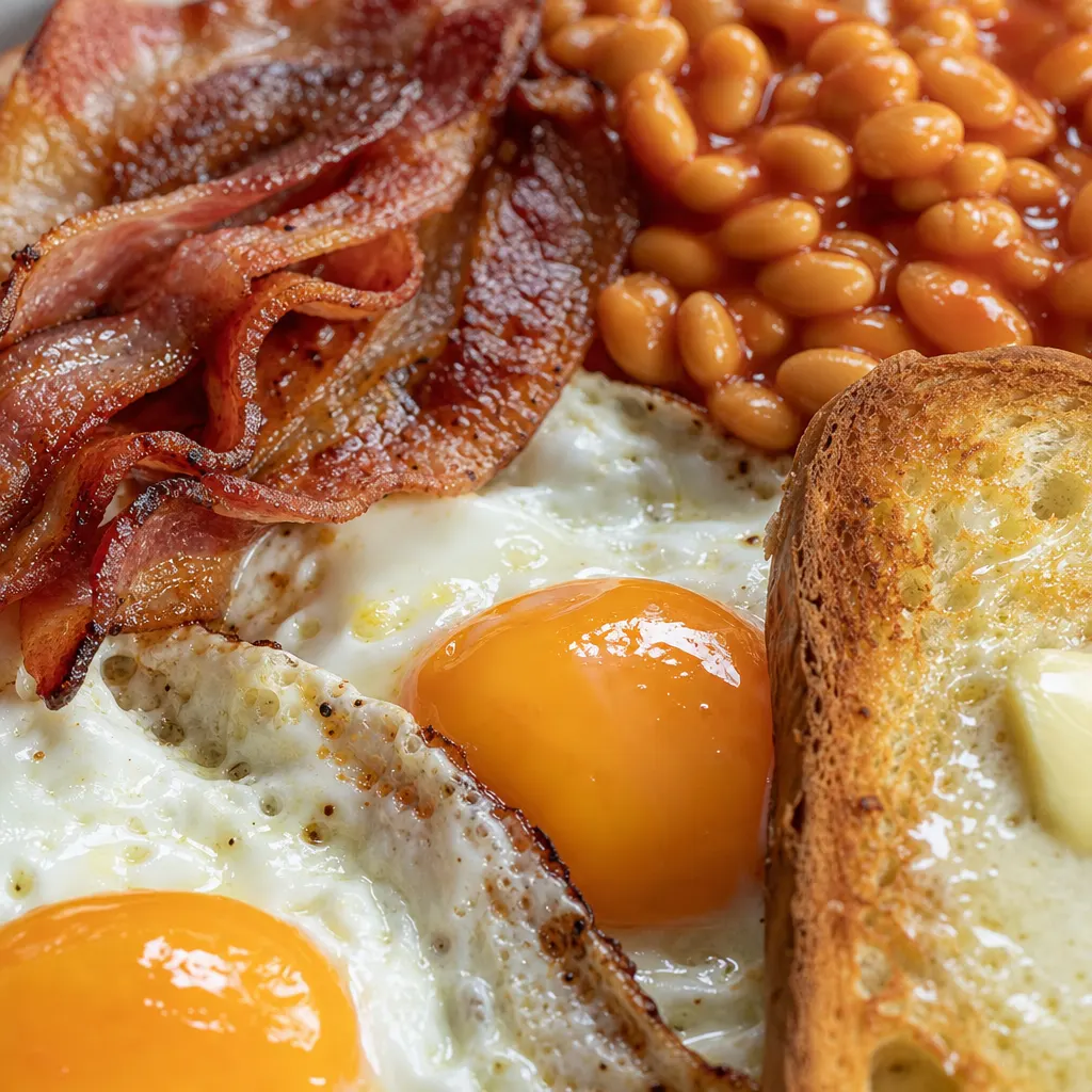 Bacon com ovos, torrada e feijão