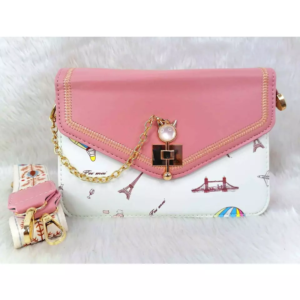 0 - bolsa para mujer modelo ada color rosa con blanco