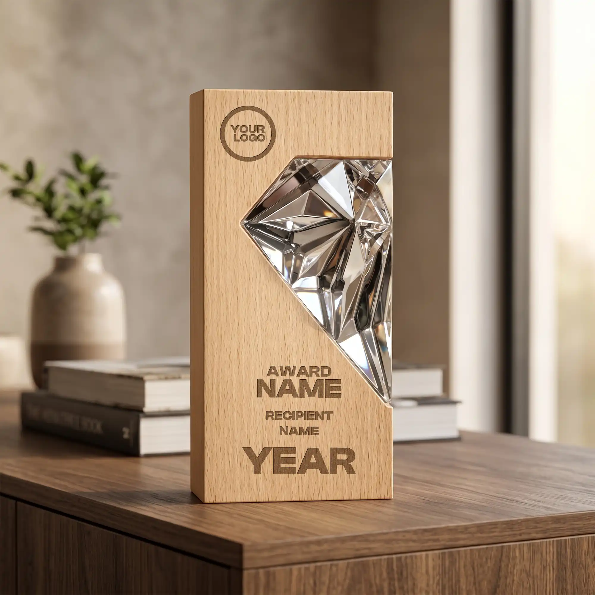 Gold crystal diamond award on wood base, close-up of faceted surface