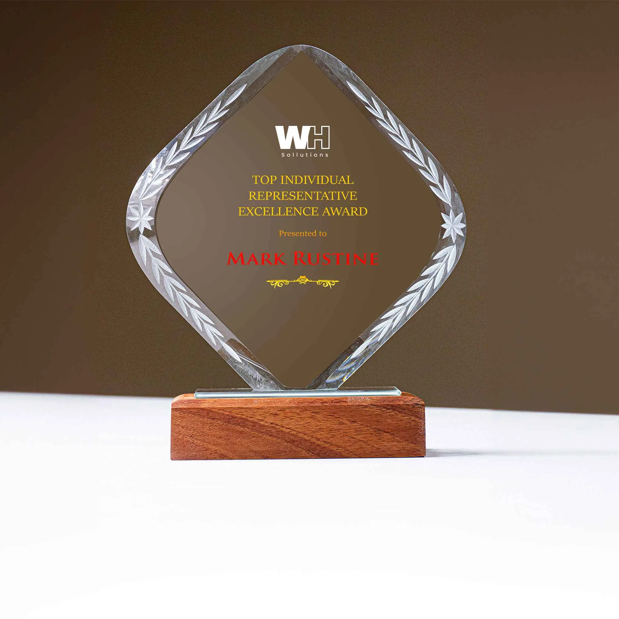 Rhombus Shaped Crystal Trophy With Wooden Base