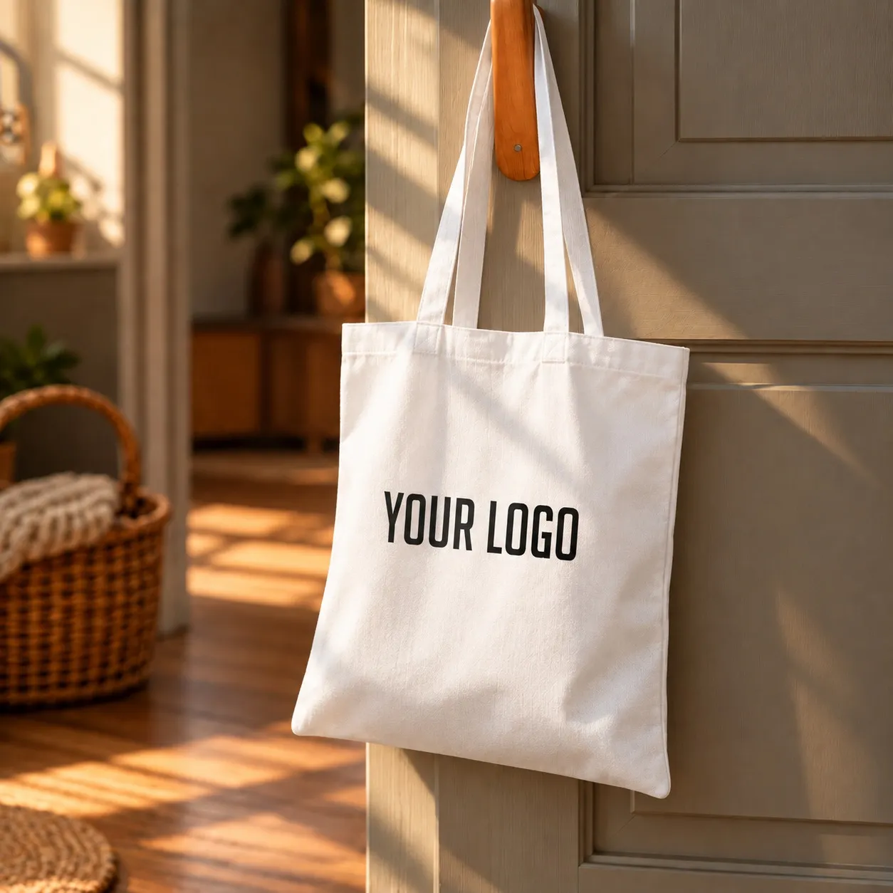 White recycled cotton tote bag with long handles – sustainable and reusable