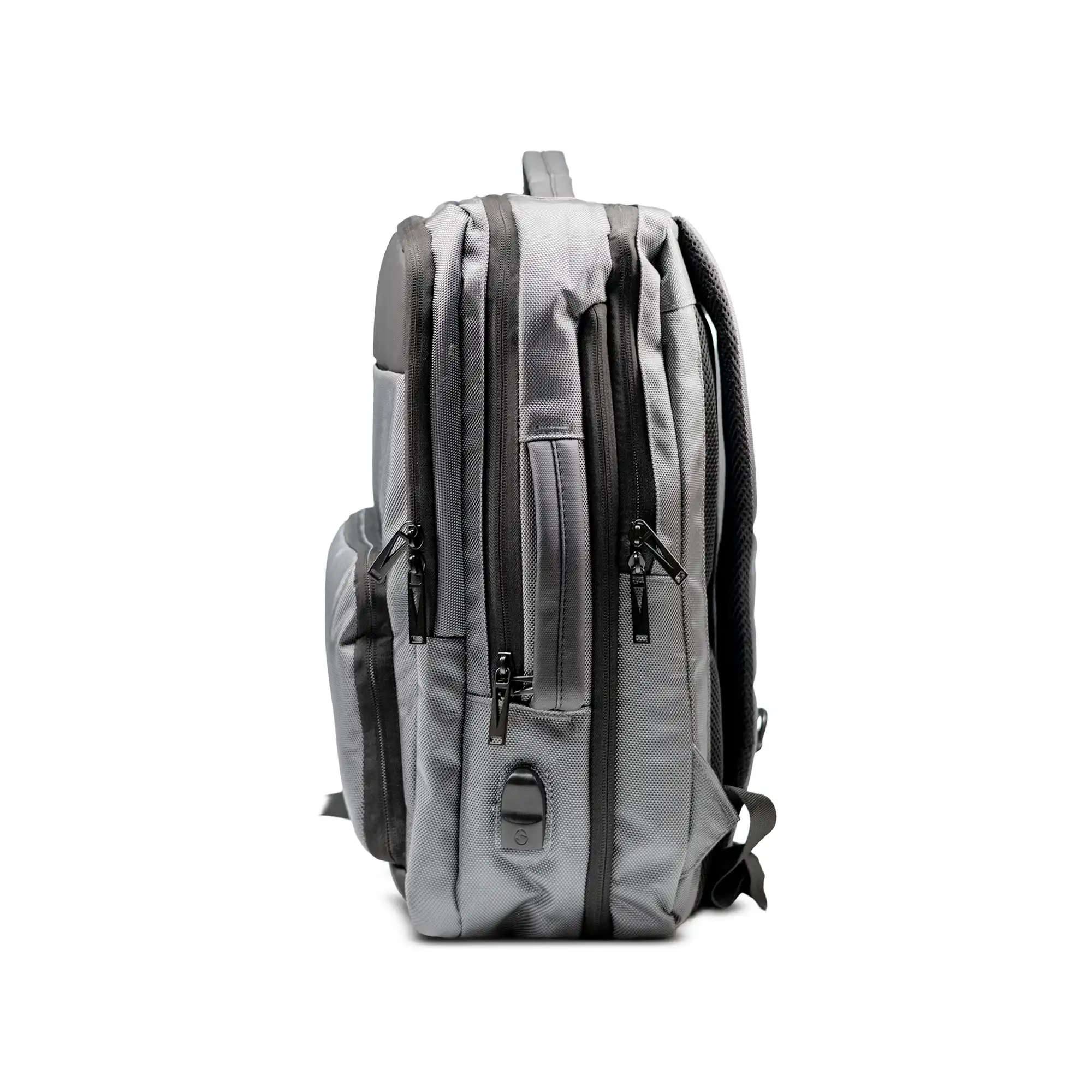 Gray executive laptop backpack with USB charging port and multiple compartments