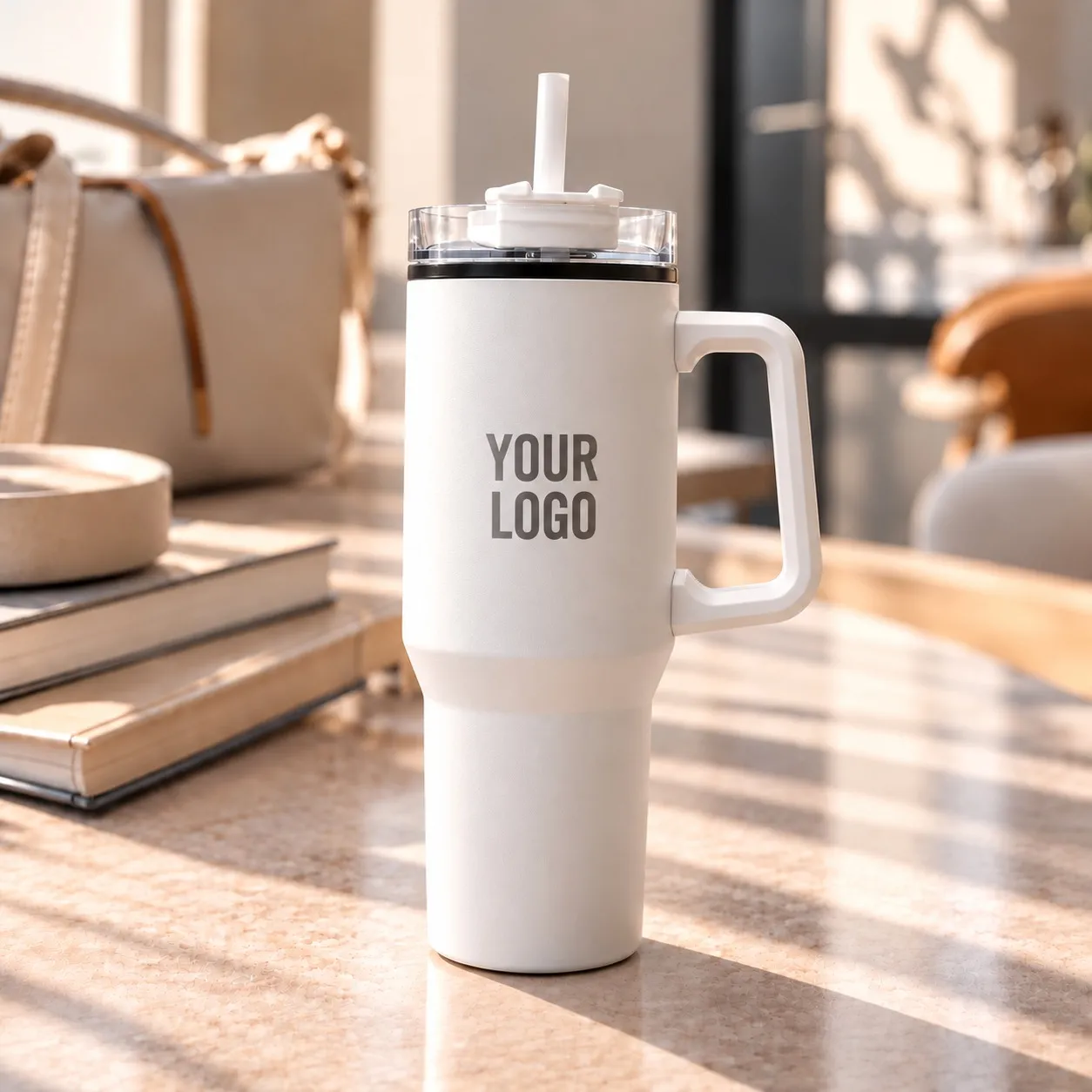 White Tumbler with Straw and Handle