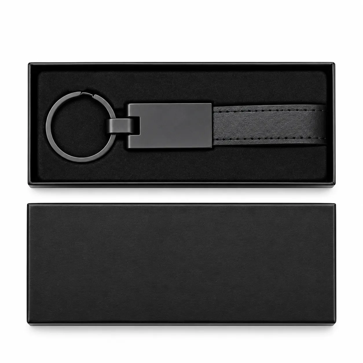 Matte black tag keychain with black PU leather strap