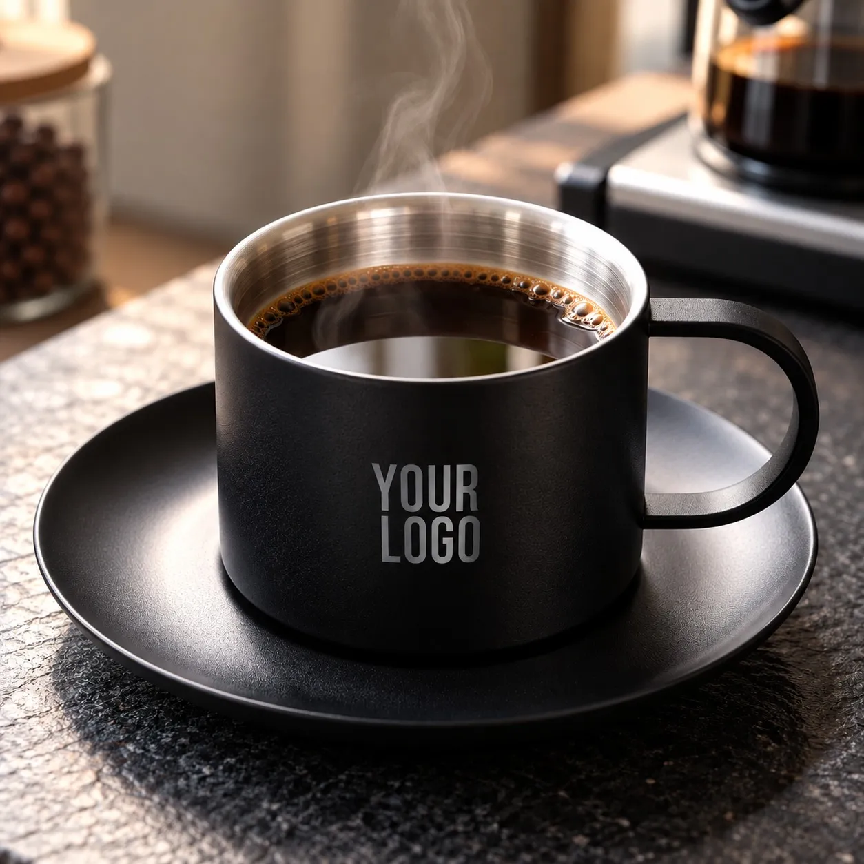 Black Coated Stainless Steel Cup & Saucer Set – 80ml