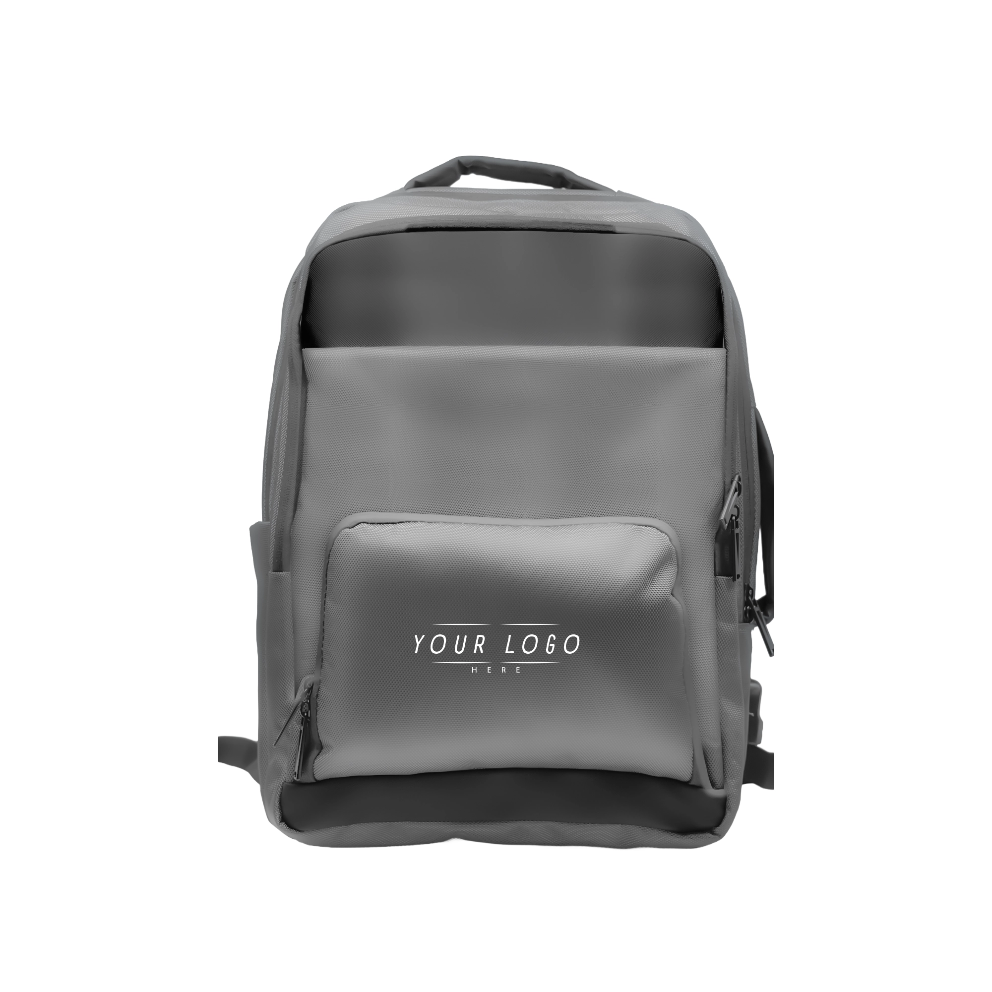 Gray executive laptop backpack with USB charging port and multiple compartments