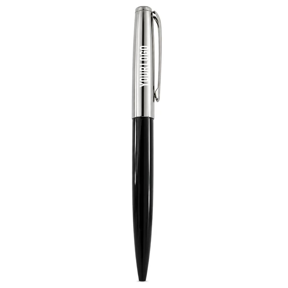 Black glossy metal ballpoint pen with long polished metal top standing upright