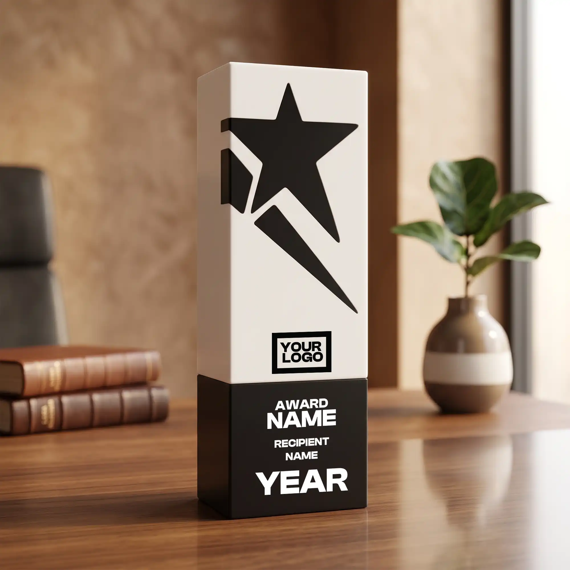 Two-tone crystal award with black star motif on white face