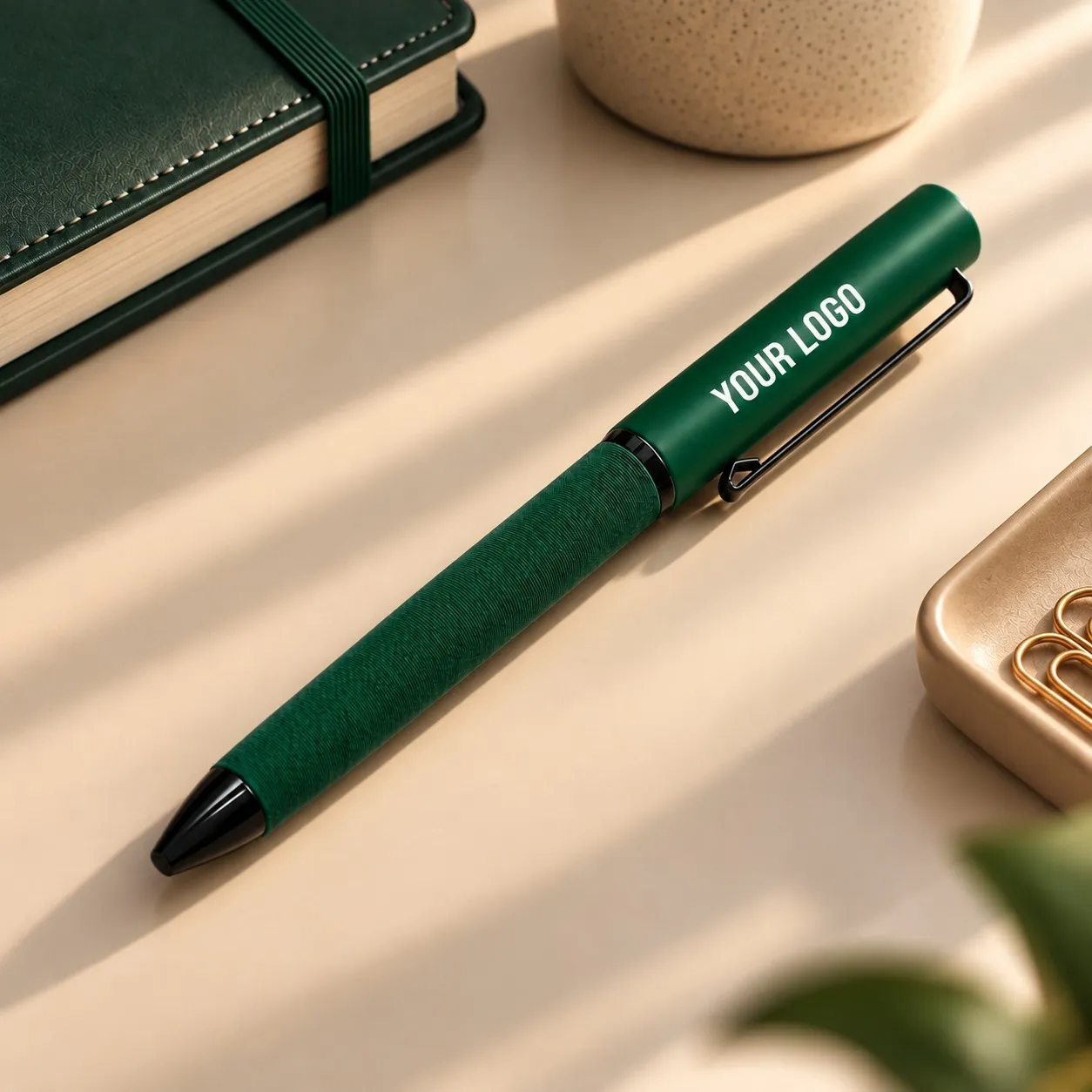 Green fabric textured metal pen with sleek finish – 11612GN