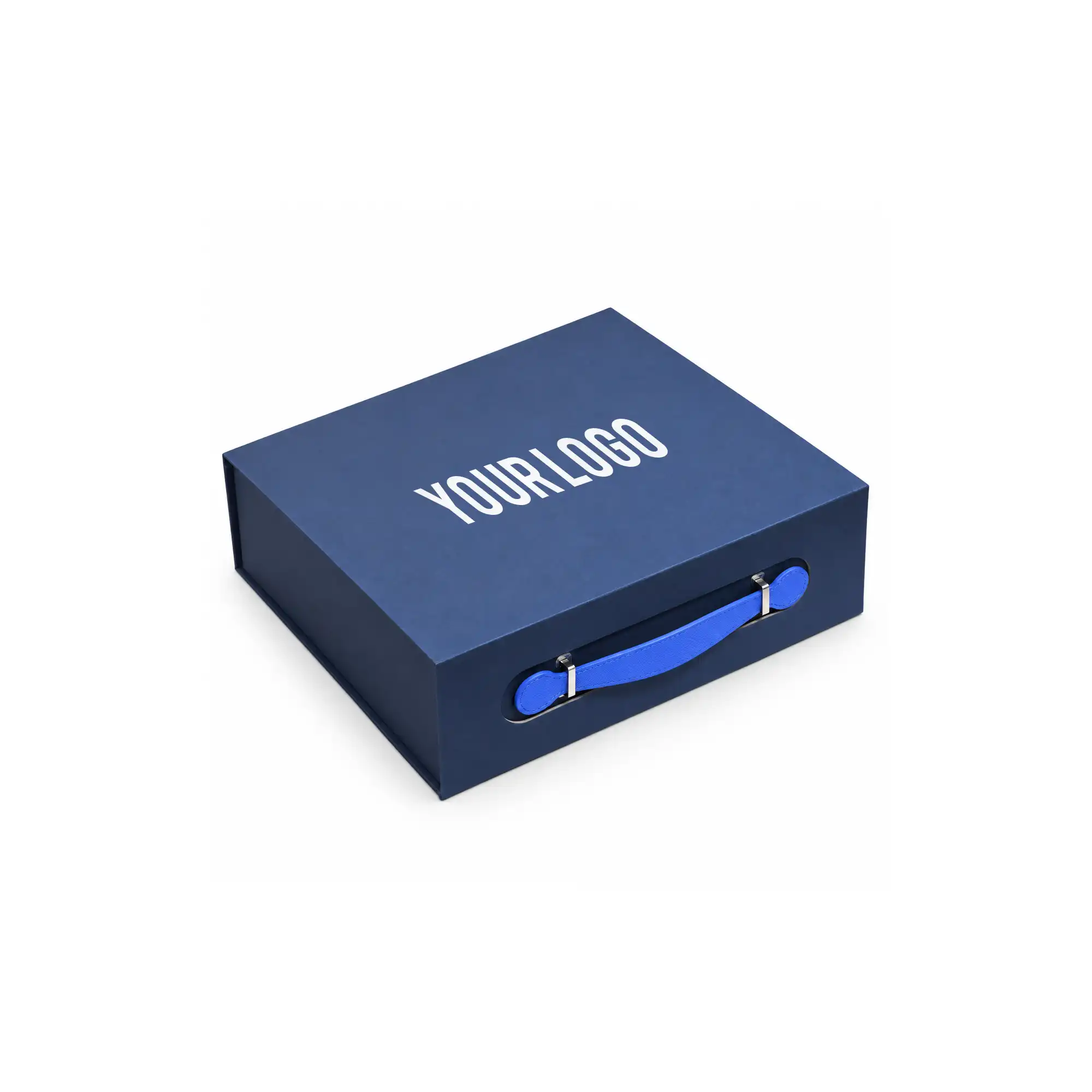 blue luxury gift box closed with blue PU leather handle and front branding area