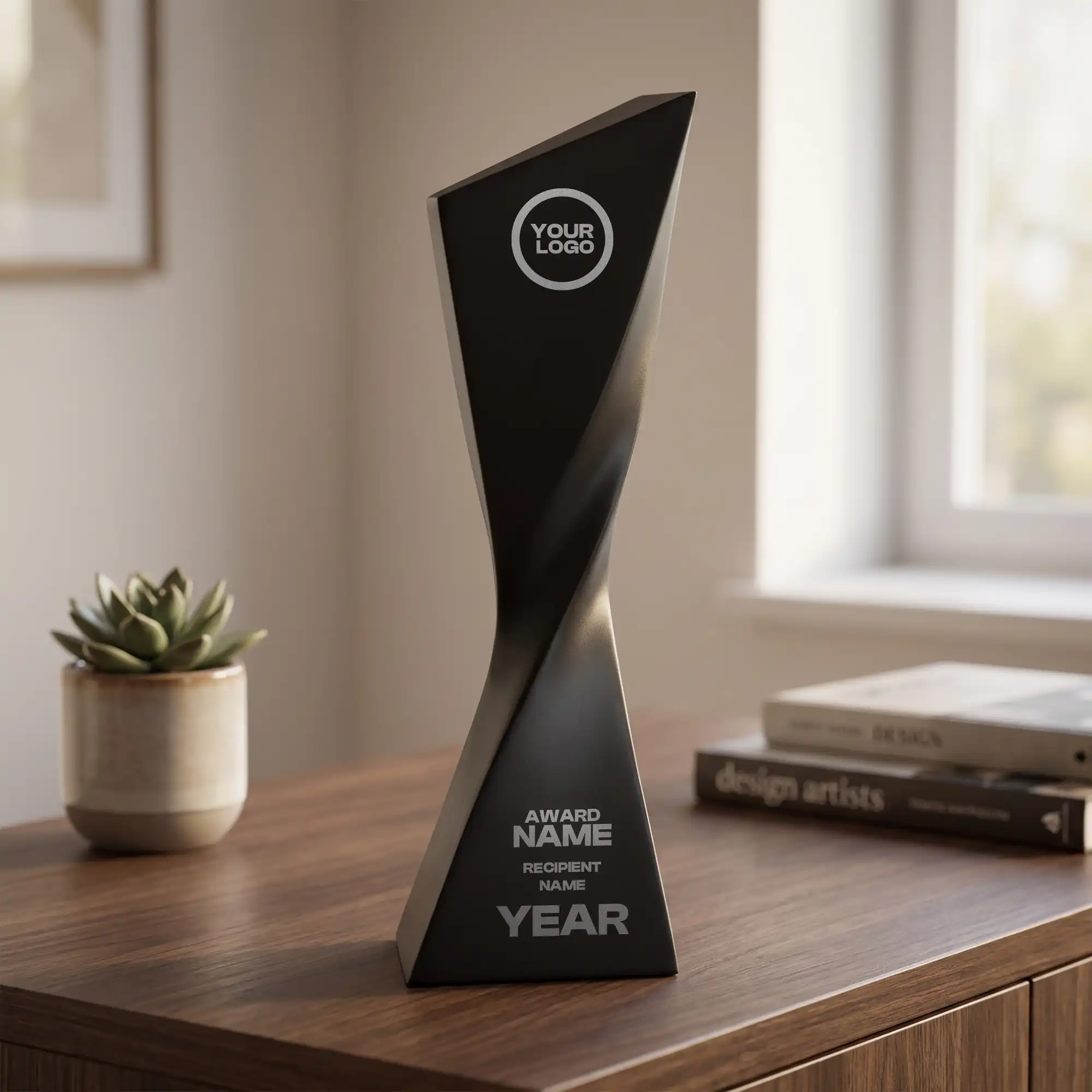 Matte black Blade Twist Resin Award Black with sharp angled top