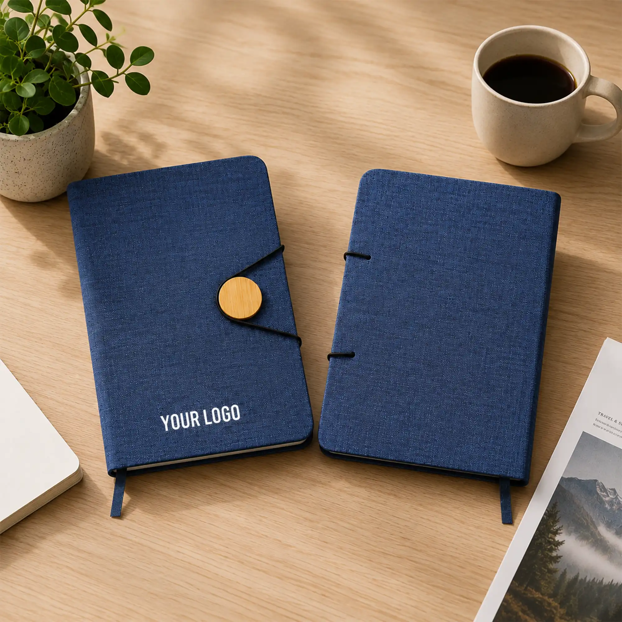 RPET + Bamboo Button Notebook – Dual-Tone Executive Journal Blue
