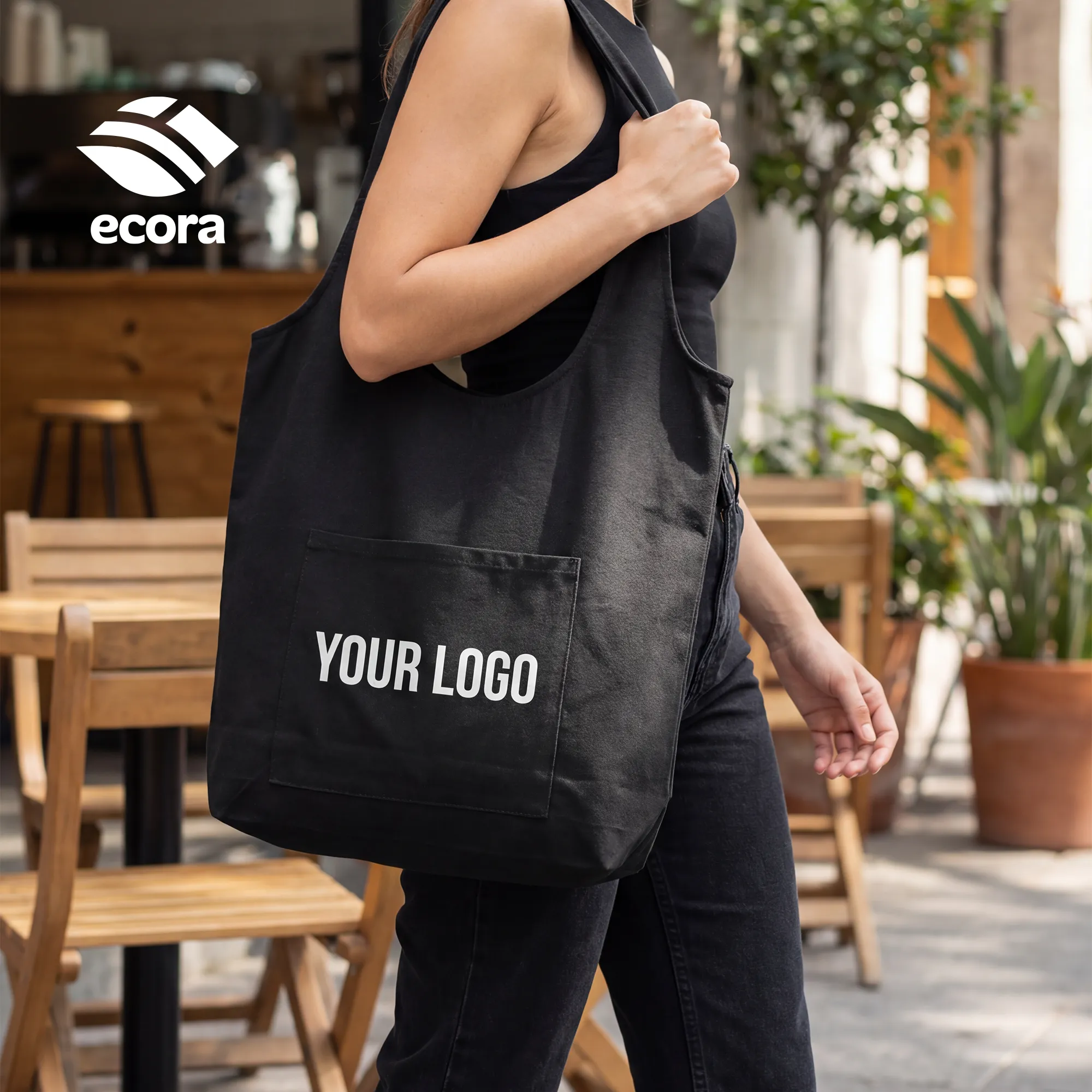 Toto canvas shoulder tote in natural with a large printed logo on the front panel